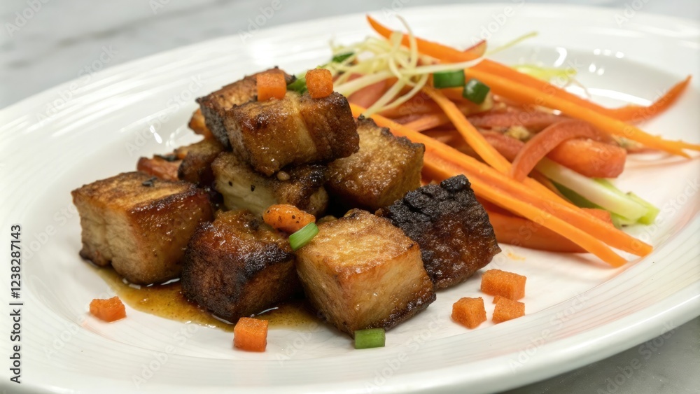 Pan-Fried Pork Belly Bites with Pickled Carrots and Ginger, pickled carrot, appetizer, savory, small plate, ginger Pan-Fried Pork Belly Bites with Pickled Carrots and Ginger, pickled carrot, appetizer, savory, small plate, ginger
