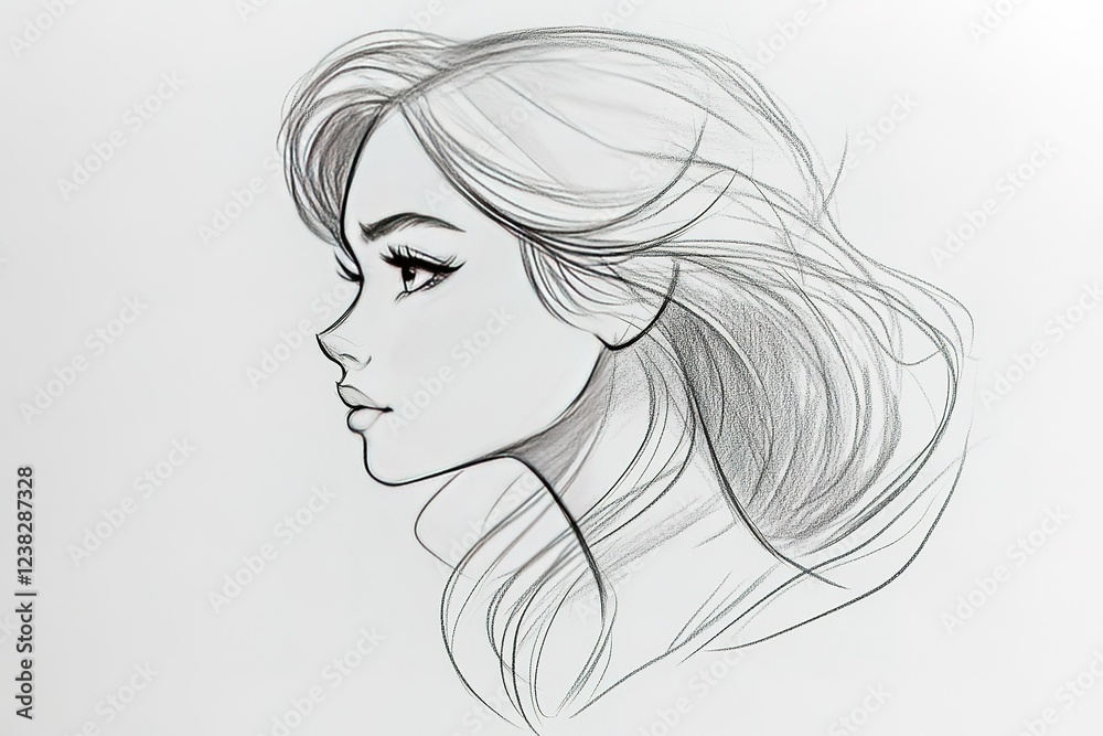Imperfect silhouette outline pencil hand sketch of a pretty girl on white paper background with graphite stroke shading --no pencil, pencils, hand, hands Imperfect silhouette outline pencil hand sketch of a pretty girl on white paper background with graphite stroke shading --no pencil, pencils, hand, hands