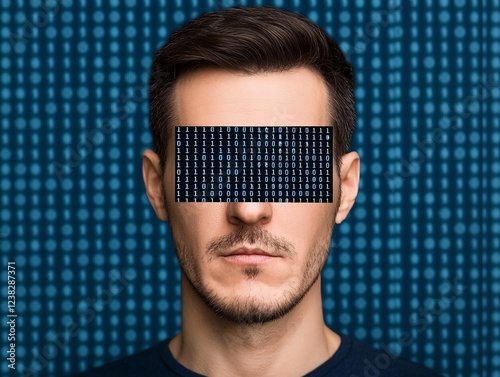 Cyber security crime attack concept. A man with a blurred face stands against a digital background, symbolizing data privacy and anonymity in the digital age. photo