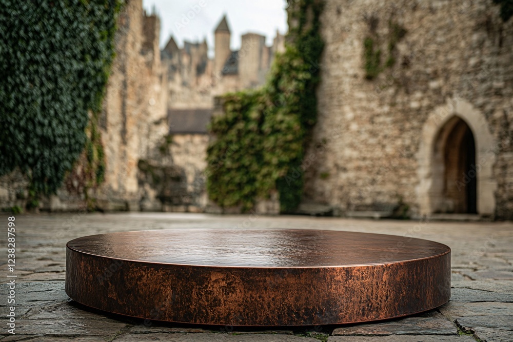 Fototapeta premium Copper Pedestal in Medieval Castle Courtyard, Historical Architecture Product Showcase Backdrop