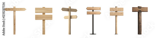 Collection of blank light wood new sign post with two direction signs pointing to different isolate on transparent background photo