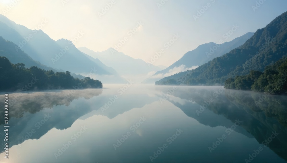 Morning mist of Long Kiye hovering over the lake, morning mist, hazy water, long kiye Morning mist of Long Kiye hovering over the lake, morning mist, hazy water, long kiye