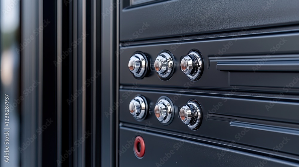 Modern door lock features multiple buttons and levers, showcasing sleek black metal design against a contemporary interior backdrop Modern door lock features multiple buttons and levers, showcasing sleek black metal design against a contemporary interior backdrop
