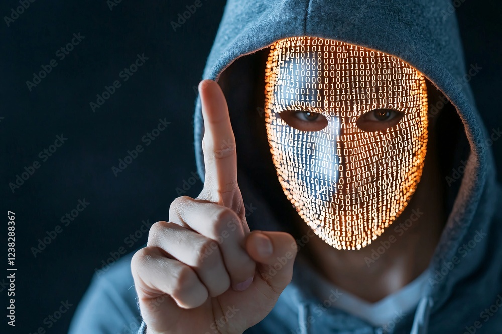 Cyber security crime attack concept. Mysterious figure in a hoodie with a glowing mask, holding a finger up in a warning gesture against a dark background.