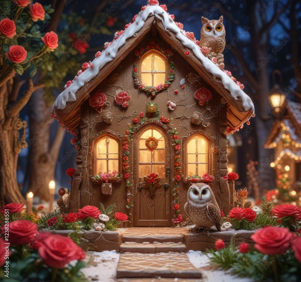 Fototapeta premium Perched owl admiring a beautifully crafted gingerbread cottage with icing roses and candy cane paths, sugary charm, sweet abode, gingerbread cottage