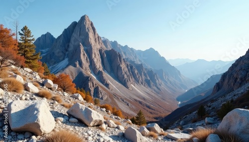 Mountain range with layered metamorphic rocks, boulders, rock layers, rocky terrain