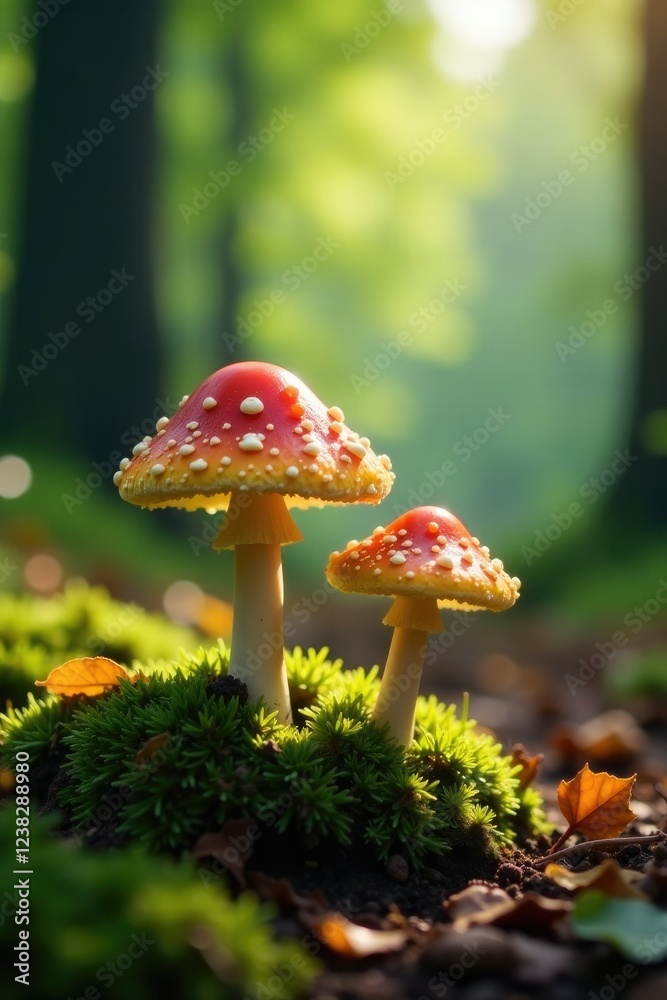 Mushrooms sprouting from the forest floor with leaves, life, falling, leaf Mushrooms sprouting from the forest floor with leaves, life, falling, leaf