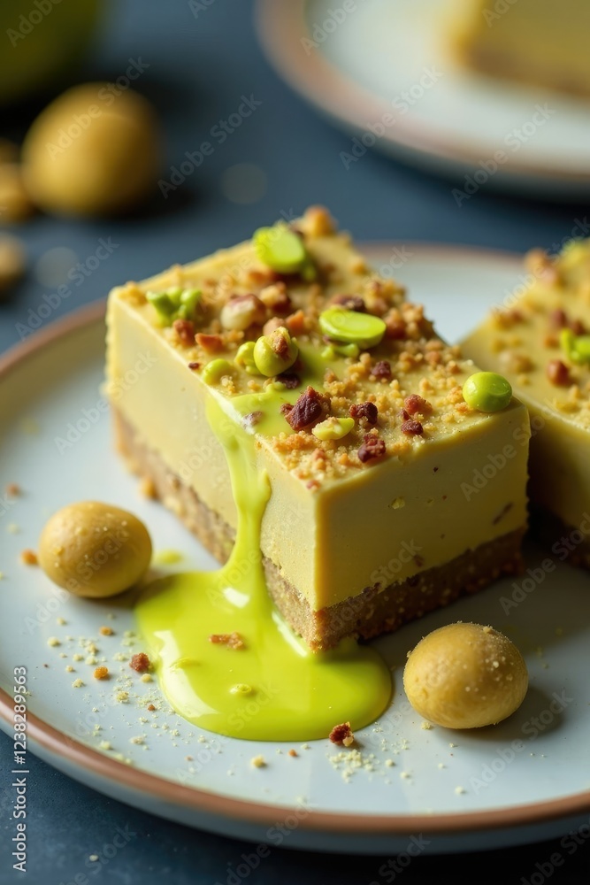 Pistachio butter drizzle on a plate with chocolate coconut praline ice cream bars, colorful, pistachio butter, plate Pistachio butter drizzle on a plate with chocolate coconut praline ice cream bars, colorful, pistachio butter, plate