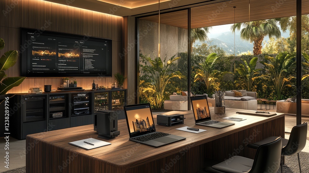 A spacious conference room with a large wooden table, laptops, and notepads, offering plenty of room for meeting-related content and text. A spacious conference room with a large wooden table, laptops, and notepads, offering plenty of room for meeting-related content and text.