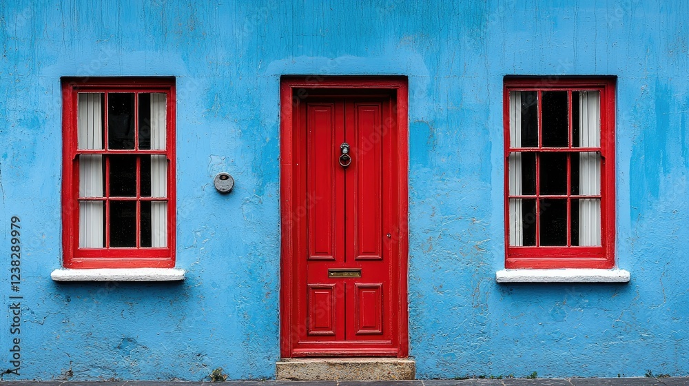 Red Door and Windows on a Blue Building Red Door and Windows on a Blue Building