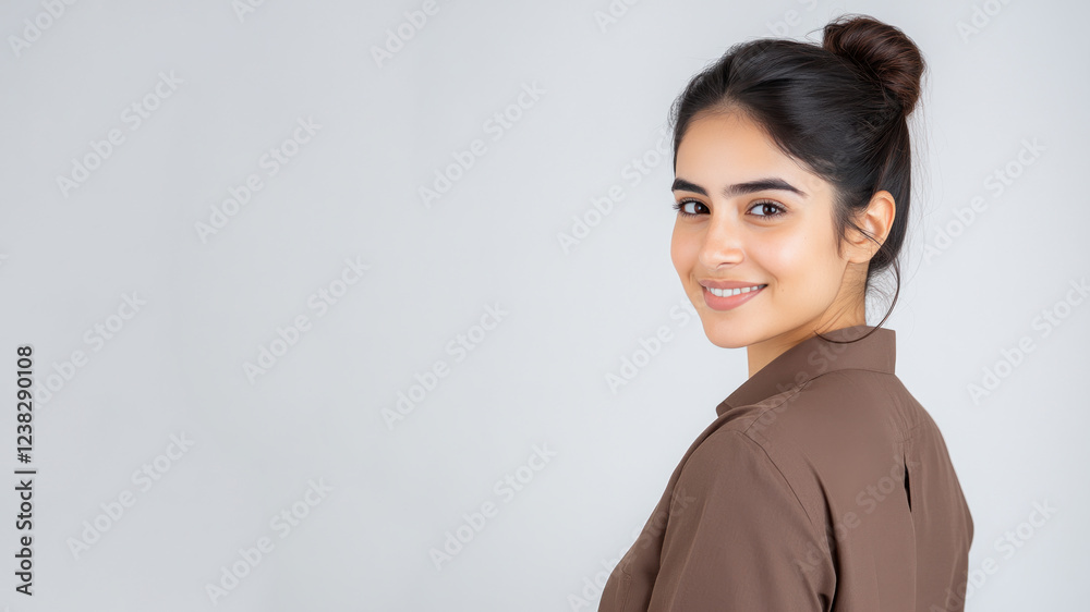 Pakistani young woman wearing brown clothes smiling isolated on white background Pakistani young woman wearing brown clothes smiling isolated on white background