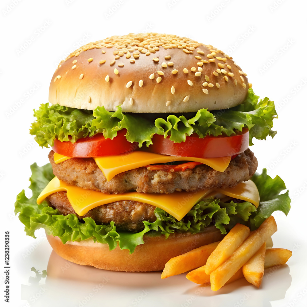 burger with fries on white background burger with fries on white background