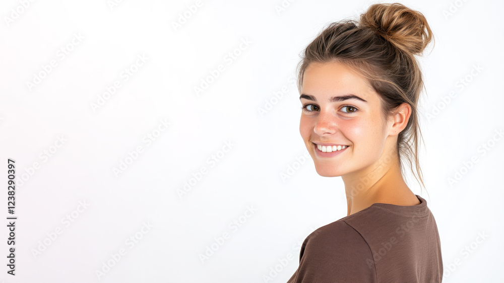 German young woman wearing brown clothes smiling isolated on white background German young woman wearing brown clothes smiling isolated on white background