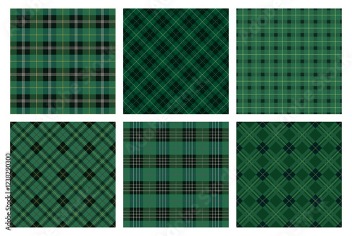 Horizontally And Vertically Repeatable Seamless Green Tartan Plaid Set. Vector Illustration. 
