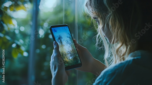 Lady watching in the screen of the smartphone, browsing social media, reading messages, checking notifications, engaging in online shopping, video calling,chatting, modern technology-driven lifestyle. photo