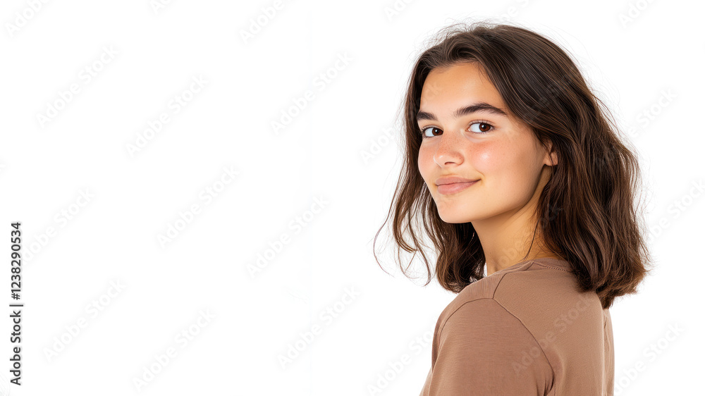 German young woman wearing brown clothes smiling isolated on white background German young woman wearing brown clothes smiling isolated on white background