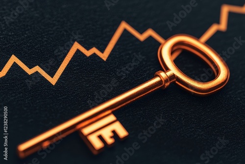 A close-up of a golden key on a dark background with an upward trend line, symbolizing financial growth and unlocking potential.
