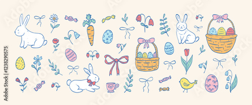 Set of doodle hand drawn coquette elements for Easter. Cute bunnies, bows and ribbons, flowers and leaves, basket, eggs. Cottagecore style. Vintage whimsical  vector illustration.