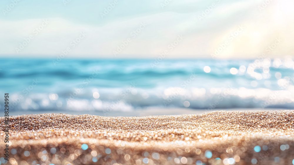 Seascape with an abstract beach background, blurring the bokeh lights of the calm sea and sky while focusing on the sand in the foreground. Seascape with an abstract beach background, blurring the bokeh lights of the calm sea and sky while focusing on the sand in the foreground.