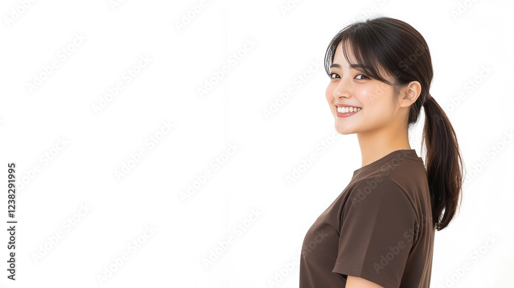 Japanese young woman wearing brown clothes smiling isolated on white background Japanese young woman wearing brown clothes smiling isolated on white background