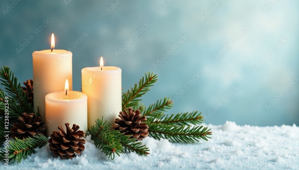 Pinecones and fir branches placed along the snowy white border with candles, branches, fir, evergreen Pinecones and fir branches placed along the snowy white border with candles, branches, fir, evergreen