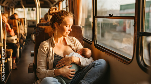 Mother breastfeeding her baby on a public bus during the golden hour of the day photo