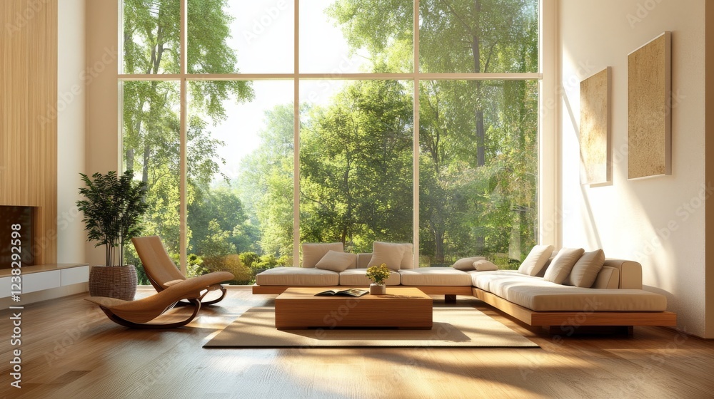 Fototapeta premium 58.A spacious mid-century modern living room, showcasing the timeless beauty of the design era. The room features classic wooden furniture with clean lines, such as a low-profile sofa, an elegant