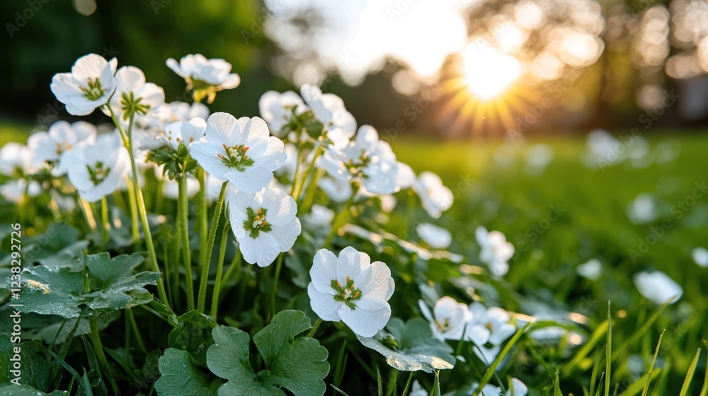 A close-up of white flowers in a grassy field with sunlight shining in the background.