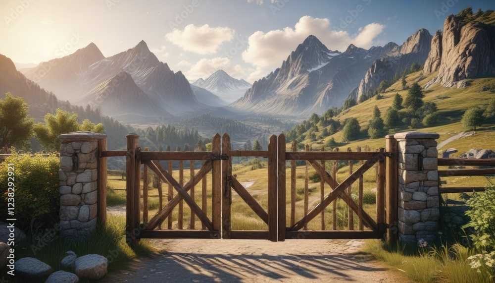 Rustic wooden gate overlooking a picturesque mountain landscape, countryside, wilderness, gate hinges, rocky terrain Rustic wooden gate overlooking a picturesque mountain landscape, countryside, wilderness, gate hinges, rocky terrain