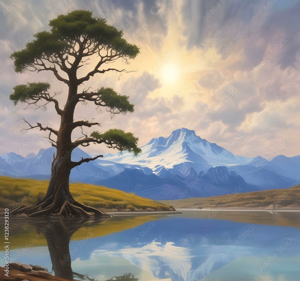 Illustration of lonely tree with snowy mountain behind. Illustration of lonely tree with snowy mountain behind.