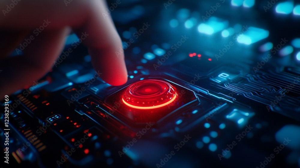 Obraz premium Activating Futuristic Technology: A Fingertip's Touch on a Glowing Interface