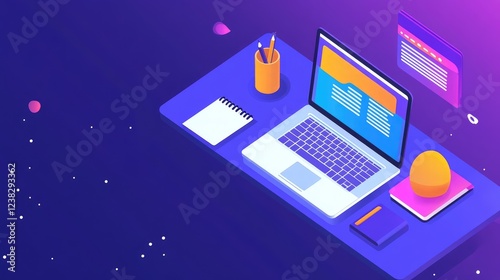 Wallpaper Mural A wide shot of an office desk with a laptop, phone, and notebook, ready for a virtual meeting, with space for text about conference calls. Torontodigital.ca