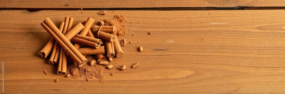 Scattered Cinnamon Sticks on a Wooden Table, spice storage, warm lighting Scattered Cinnamon Sticks on a Wooden Table, spice storage, warm lighting