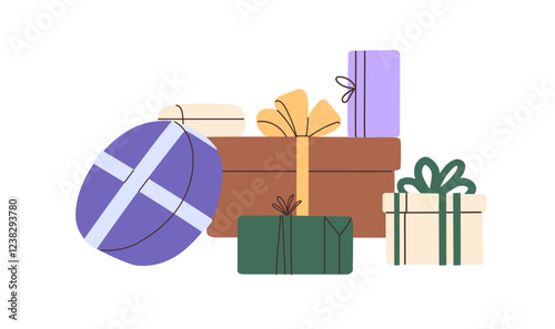 Festive wrapped gift boxes heap of holiday. Pile of Birthday surprises, New Year's giftboxes. Xmas presents with different sizes and shapes. Flat isolated vector illustration on white background