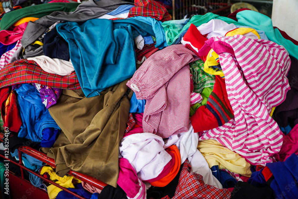 A large pile of various used clothing items in a cart. Different colors and patterns. A Mountain of Colorful Used Clothing for sell. A large pile of various used clothing items in a cart. Different colors and patterns. A Mountain of Colorful Used Clothing for sell.