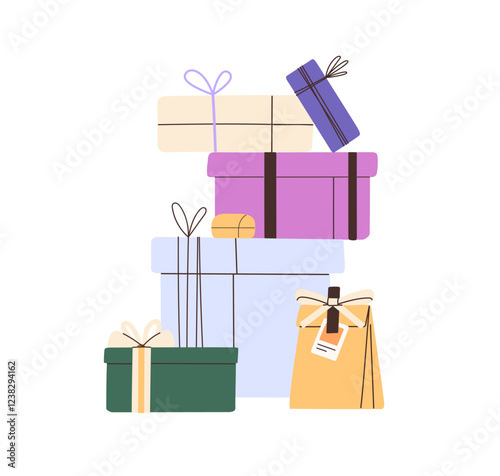 High pile of Christmas presents. Heap of wrapped Xmas gift boxes with ribbons, tags. Different Birthday surprises or New Year's giftboxes. Flat isolated vector illustration on white background