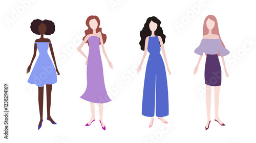 Flat illustrations of women in full growth .Girls in light elegant outfits, models without faces.