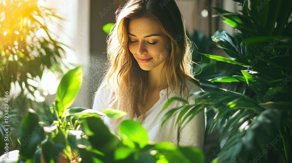A woman enjoying her morning routine of spraying water on fresh green plants. A woman enjoying her morning routine of spraying water on fresh green plants.
