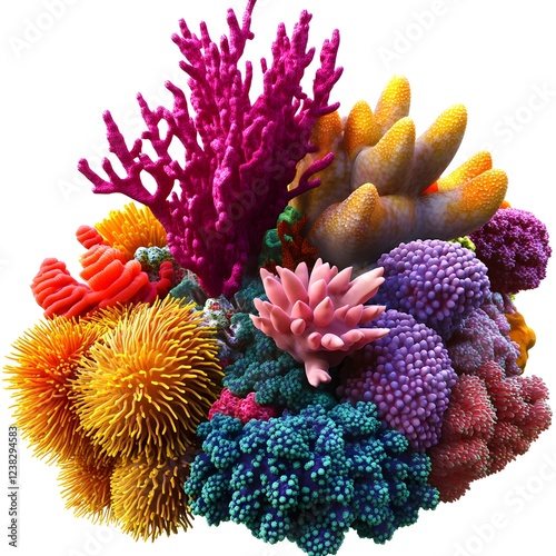 Fototapeta Naklejka Na Ścianę i Meble -  3D cartoon, a colorful coral reef scene with fish and sea anemones, on a white background, ultra-detailed, hyper-realistic 