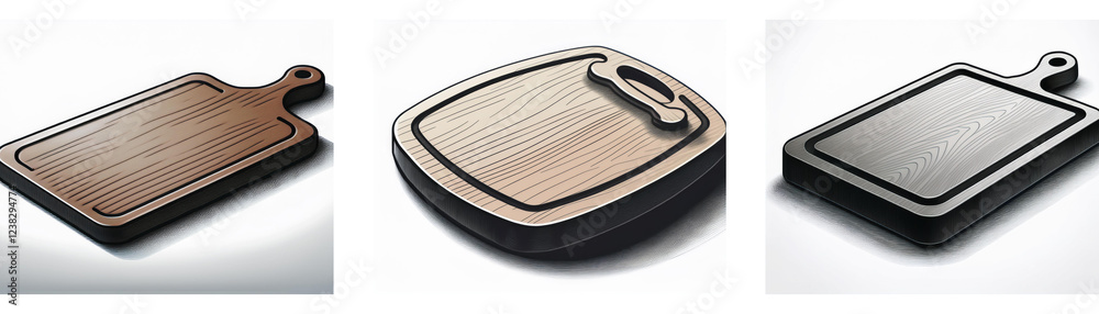 Three wooden cutting boards, various shapes and sizes. Kitchen utensils icons, ideal for cooking. Three wooden cutting boards, various shapes and sizes. Kitchen utensils icons, ideal for cooking.