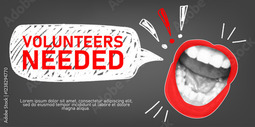 Volunteers needed. Halftone collage banner. Human mouth open in a scream and saying. Donation, charity and care concept. Trendy vector design