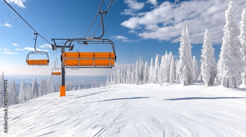 Ski resort with orange chairlifts amidst snow-covered trees and clear blue sky