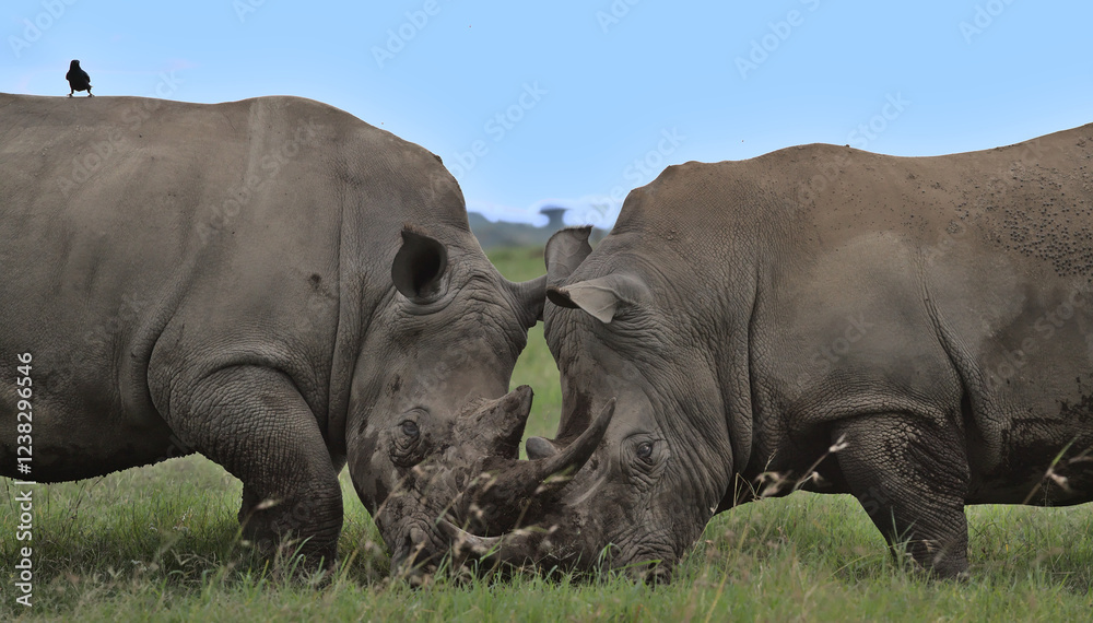 crash of southern white rhinos fighting in a headlock with horns interlocked in the wild plains of solio game reserve, kenya