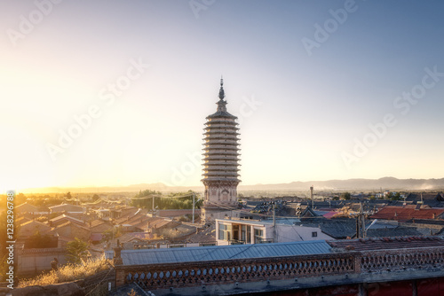 view of a chinese tower of temple in the morning 