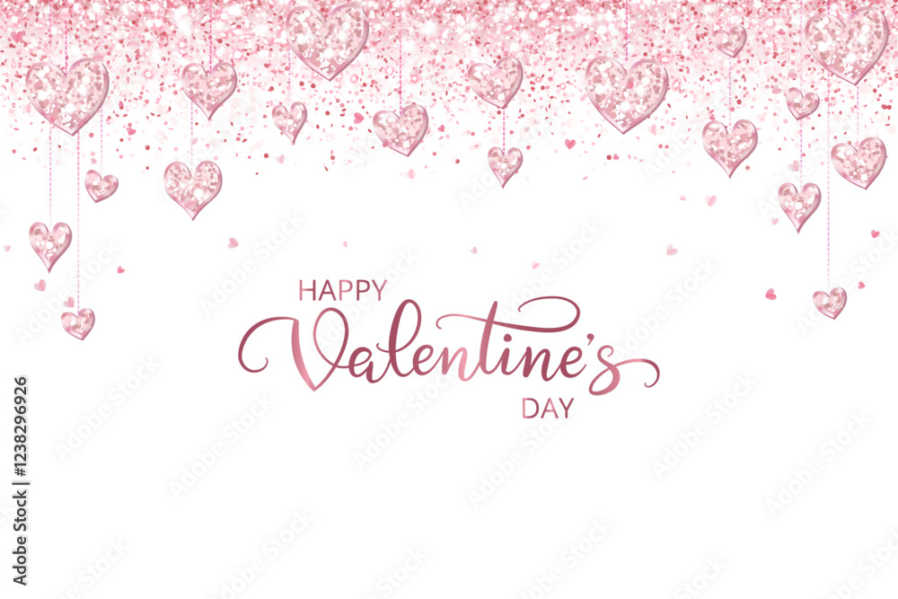Happy Valentine day banner. Pink glitter hearts decoration. Hand written calligraphy. Sparkling glittering rain effect. Romantic shiny background. Vector. Happy Valentine day banner. Pink glitter hearts decoration. Hand written calligraphy. Sparkling glittering rain effect. Romantic shiny background. Vector.