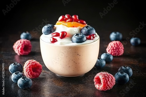 Healthy Plant Based Smoothie Ingredients and Recipe Concept. Delicious yogurt topped with berries and orange slices in a bowl