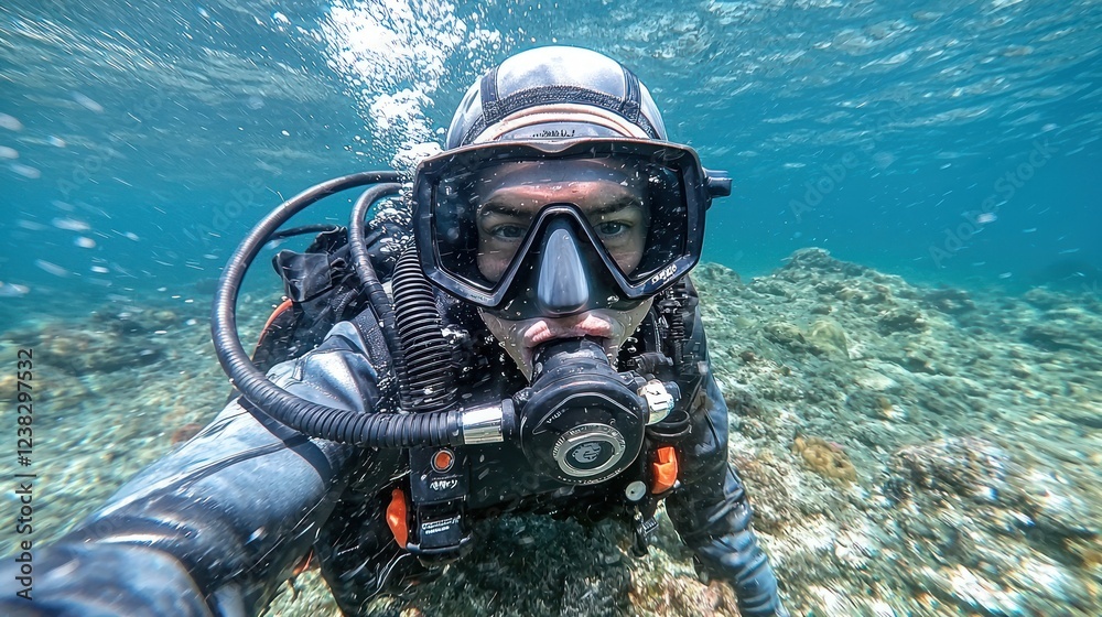 custom made wallpaper toronto digitalA diver takes a selfie underwater, showcasing marine life and diving equipment.