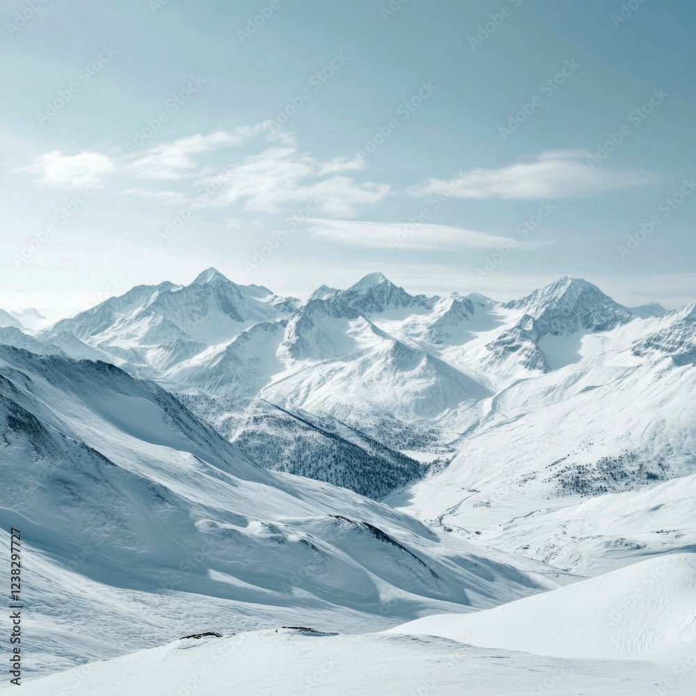 Obraz premium Serene snowy mountains stretch across the horizon. The pristine landscape invites adventure and exploration. Perfect for winter travel or nature themed projects. AI