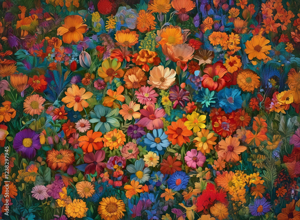 A vibrant tapestry of wildflowers in full bloom against a dark, lush background.  Colors are rich and diverse, creating a sense of abundant growth and natural beauty.
