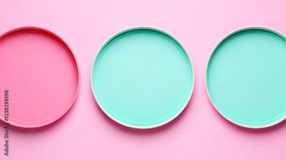 Obraz premium Colorful Round Plates in Pink and Mint Green Arranged on a Soft Pink Background for Contemporary Table Settings